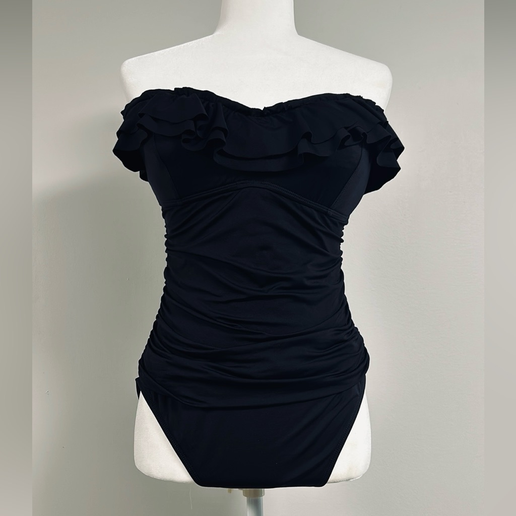 La Blanca Strapless Slimming Ruffle Swimsuit Black | Size 14